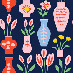 Fototapeta na wymiar Floral Vase Botanical Spring Seamless Pattern