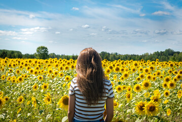 Jeune fille regardant champ de tournesol