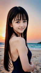 夏の夕暮れのビーチで水着を着た笑顔の若い女性