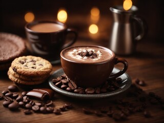Fototapeta premium hot chocolate in cup, coffee beans and freshly baked cookies on wooden table for breakfast