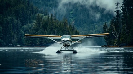 The seaplane's pontoons and single wing would be visible as it skims the surface of the water,...