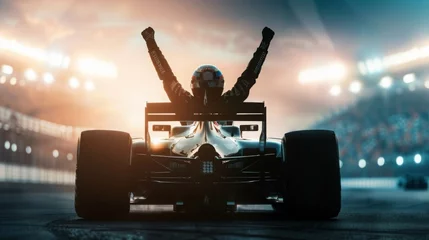 Fototapete Silhouette of race car driver celebrating the win in a race against bright stadium lights. 100 FPS slow motion shot © JovialFox