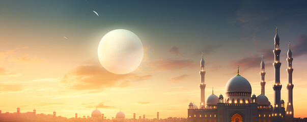 Islamic Poster for Ramadan and Eid, Mosque Silhouette with Crescent Moon Generative AI