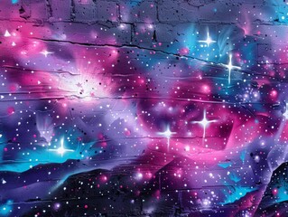 Cosmic Dreams on Brick Canvas: A vibrant, high-resolution texture of a galaxy painted on a brick wall, blending urban grit with celestial wonder.
