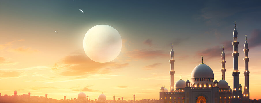 Islamic Poster for Ramadan and Eid, Mosque Silhouette with Crescent Moon Generative AI