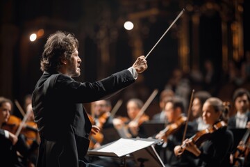 Conductor directing symphony orchestra with performers on background, light at a club concert