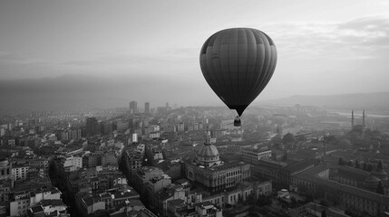 Hot air balloon floating over a city