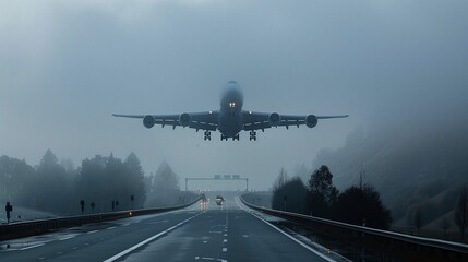 Naklejka premium Highway Encounter: A misty morning on a highway, with a large airplane soaring overhead, its landing gear extended, creating a sense of anticipation for its imminent landing.
