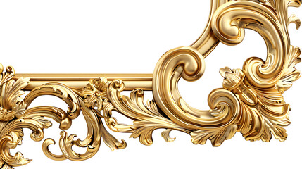 3D render of vintage gold baroque frame scroll, gold ornament on transparent background
