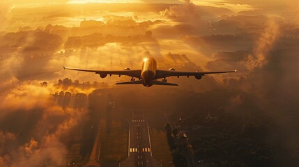 Golden Hour Flight: A photo of a large airplane flying through a golden mist at sunrise, its wings...
