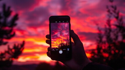Hand holding a phone pointed at a sunset