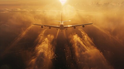 A photo of a large airplane flying through a golden mist at sunrise