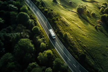 Bus or camper van drive on the road in the middle of  field