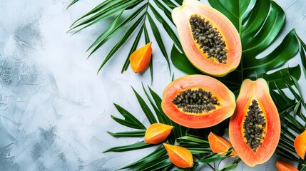 Vibrant papaya fruit and tropical leaves isolated on white background for a refreshing tropical vibe