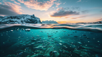 half under water view of scenic sea landscape with blue water and fishes at sunset 