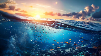 half under water view of scenic sea landscape with blue water and fishes at sunset 