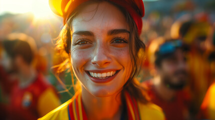 Crowded sports stadium: Exuberant female soccer fan cheers passionately, wearing national colors.