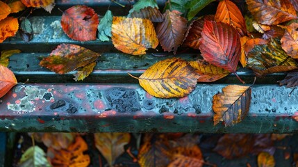A close-up photo of a pile of colorful autumn leaves on a park bench