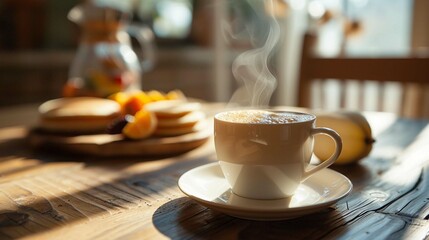 a steaming cup of coffee on a wooden table  - obrazy, fototapety, plakaty