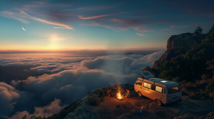 persons camping with camper van on the edge of rock cliff with sea of clouds and watching the...
