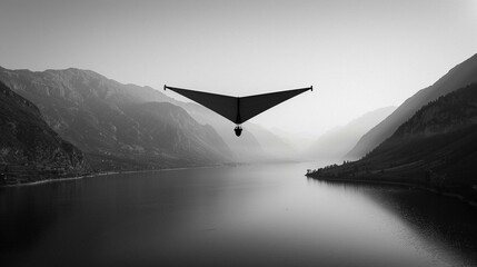 Black and white photo of a hang glider soaring above a mountain lake. 