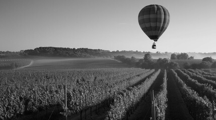Black and white photo of a hot air balloon floating over the field 
