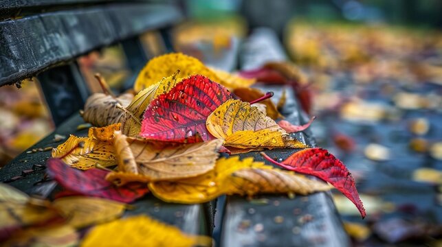Close-up of leaves on a bench: A close-up photo of a pile of colorful autumn leaves on a park 