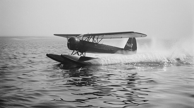 The seaplane's pontoons and single wing would be visible as it skims the surface 