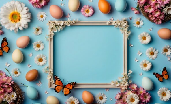 Wooden frame border with Easter eggs, orange butterflies and blooming flowers, isolated on light blue background, flat lay, top view, copy space