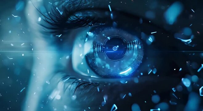 The Technology concept, of a glowing blue human eyes, with connect coding data, generative ai