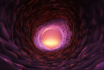 The inside of a cell, styled with hatching and human connections, in light purple and gold.