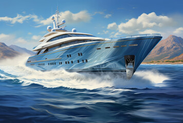 Fototapeta premium A motor yacht sails on a large body of water, showcasing grandiose interiors
