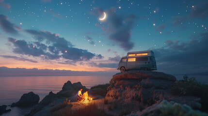 persons camping with camper van on the edge of rock cliff by the sea at morning sunrise 