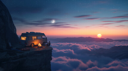 persons camping with camper van on the edge of rock cliff with sea of clouds at morning sunrise 