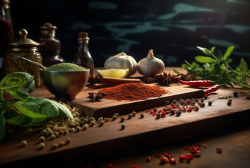 A board showing seasonings is on a wooden counter, styled with a serene and peaceful ambiance, showcasing eco-friendly craftsmanship.