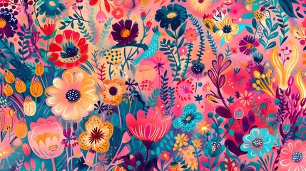 Fototapeta na wymiar Abstract childish, cute and fun colorful dreamy garden floral seamless pattern wallpaper background with flowers and critters. 