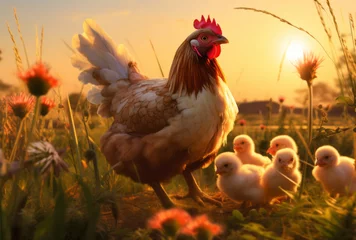 Tuinposter An heirloom chicken and her chicks walk in the grass at sunset, styled with villagecore aesthetics. © Duka Mer