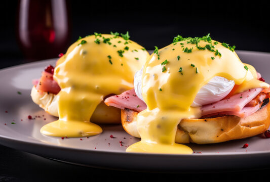 Ham eggs benedict on a white plate with hollandaise sauce, styled with yellow and magenta.