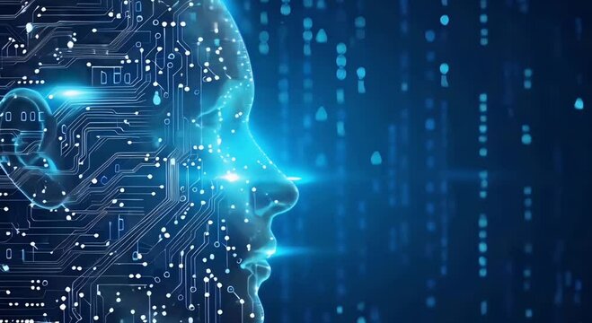 Technology Concept, of a blue glow circuit board human face, with connect programing data, generative ai
