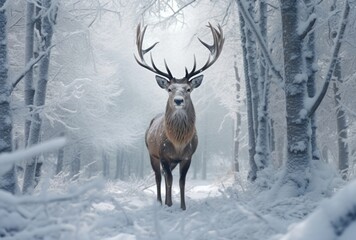 Styled with hyper-realistic animal illustrations, a deer stands in a snow-covered winter forest.