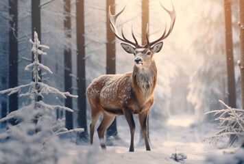 Styled with hyper-realistic animal illustrations, a deer in the snow in a forest. - obrazy, fototapety, plakaty