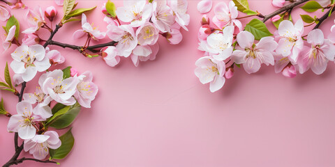 Flowers blossoms on light pink background. Banner, poster template with copy space - 766017238