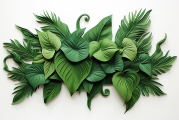 A plant made of leaves is set against a white background, styled with vibrant backdrops and luxurious hangings.