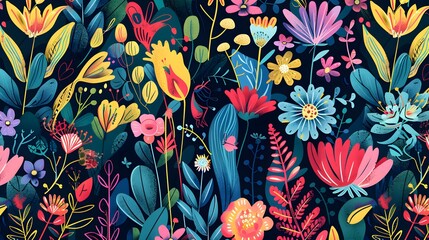 Fototapeta na wymiar Abstract childish, cute and fun colorful dreamy garden floral seamless pattern wallpaper background with flowers and critters. 