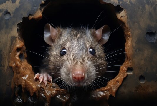 In a hyperrealist style, a rat with shiny eyes peeks out from a sewer pipe.