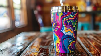 The mug has a lid to prevent spills, and there may be a straw attached to the lid. - obrazy, fototapety, plakaty