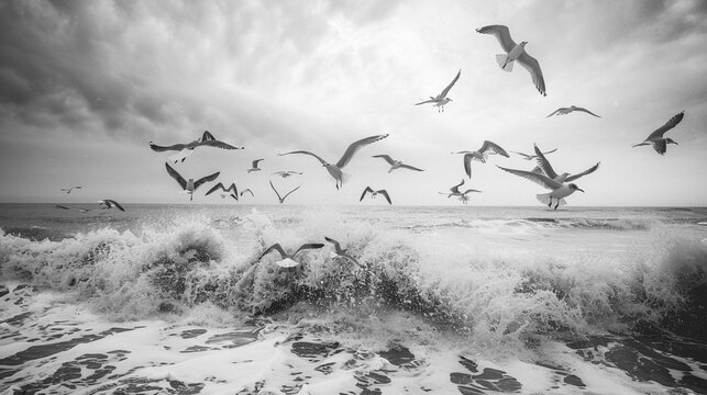 Birds flying over a beach: A black and white photo of a flock of seagulls flying over a beach 