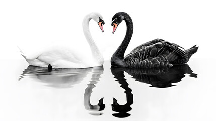 black and white swan swimming together next to each other isolated on a transparent background
