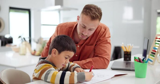 Father, child and writing with book for drawing homework, artistic project or pattern at home. Dad helping young boy, son or little kid with notebook, artwork or childhood development at house