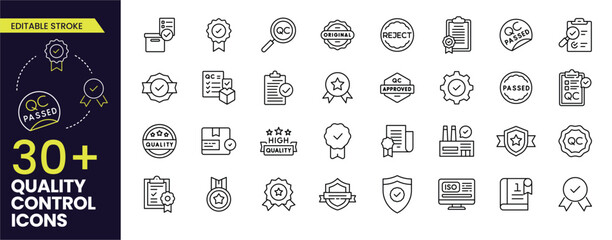 Fototapeta na wymiar Quality control line icons set. Editable Stroke. Quality, evaluation, improve, process, approval, result, and customer. Editable Outline line icon